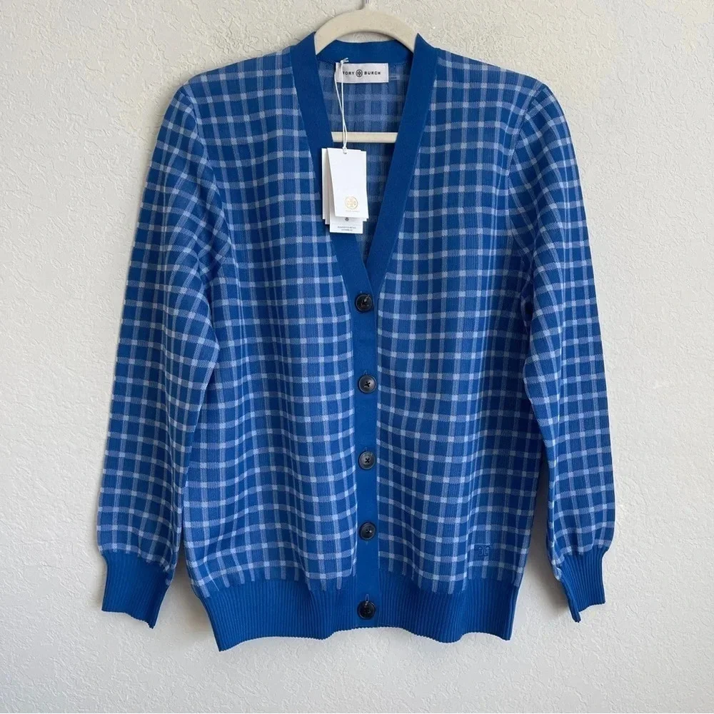 NWT Tory Burch Sheer Plaid Boyfriend Cardigan Blue White long sleeve sweater